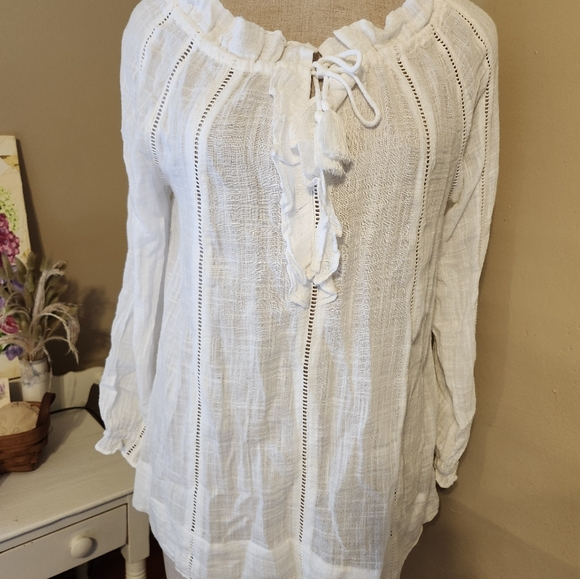 Sundance White 3/4 Sleeve Tie Front Bohemian Style Tunic Length Top Blouse - Picture 10 of 10